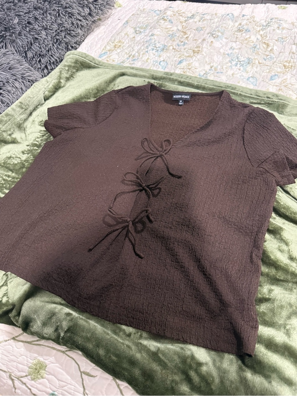 a new day Brown Tie-Front Textured Short Sleeve Top